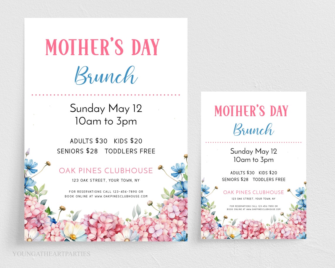 Pink Hydrangea Mothers Day Brunch Flyer Template Blue Floral Print