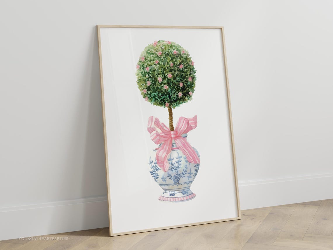 Blue Ginger Jar Topiary Pink Bow Chinoiserie Chic Decor Wall Art - Image 2