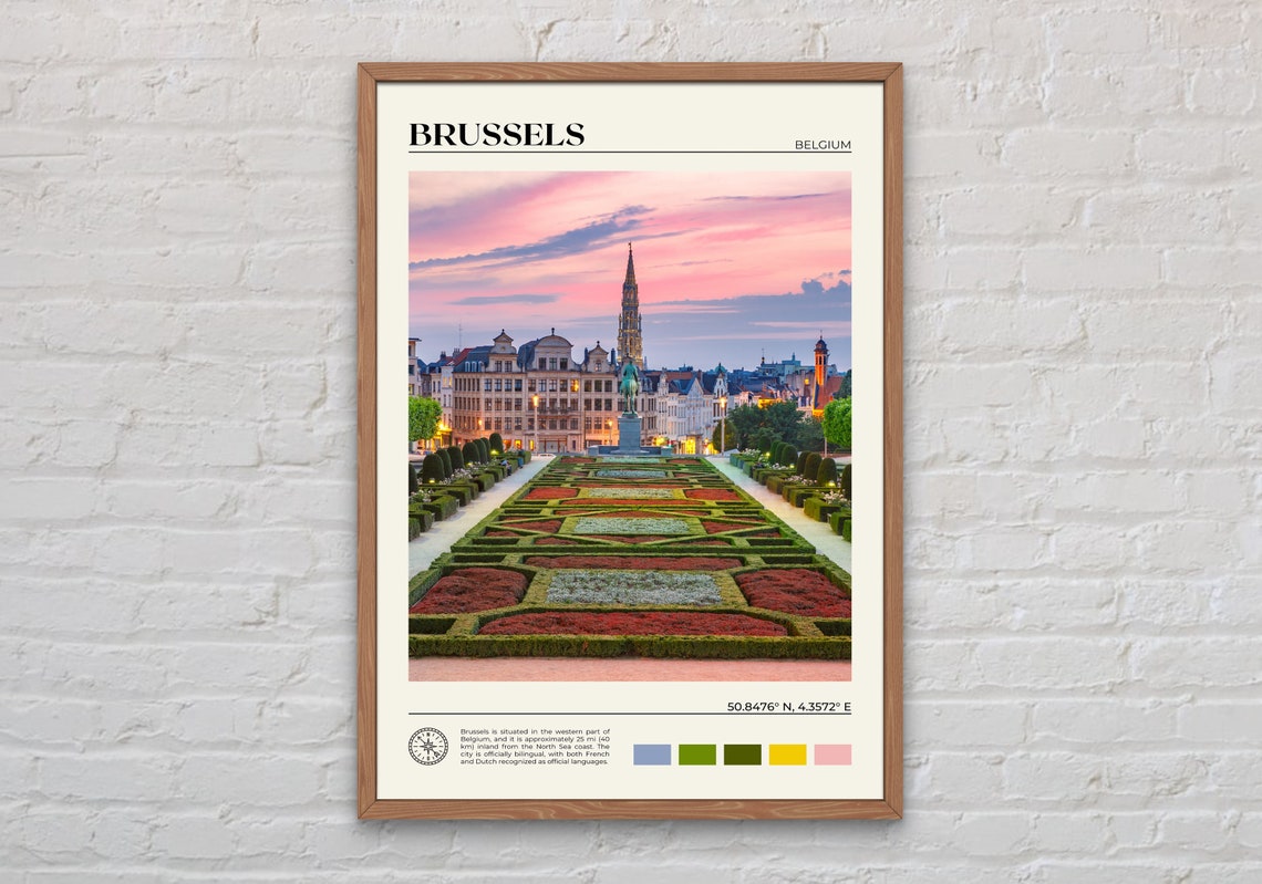 Brussels Belgium Formal Gardens Sunset Skyline Travel Art Poster