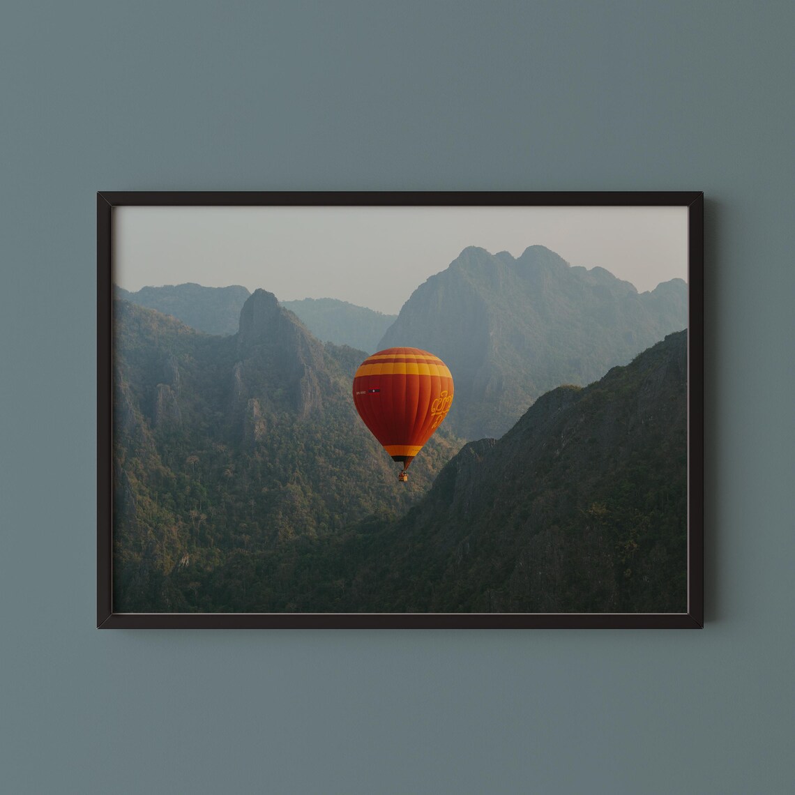 Red Hot Air Balloon Laos Karst Mountains Travel Photography Poster