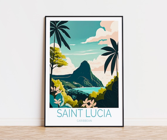 Saint Lucia Caribbean Piton Peaks Tropical Garden View Travel Poster