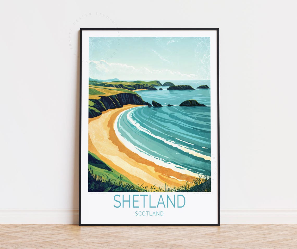 Shetland Scotland Sandy Beach Coastline Vintage Travel Poster