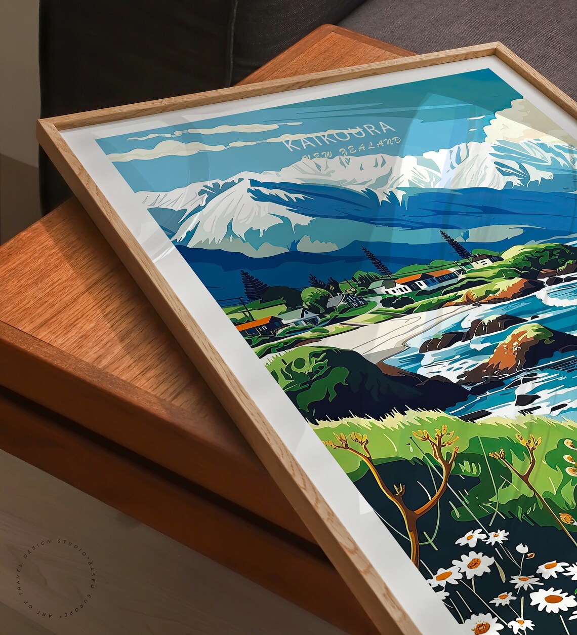 Kaikoura New Zealand Rocky Shore Daisies Coastal Scene Poster - Image 3
