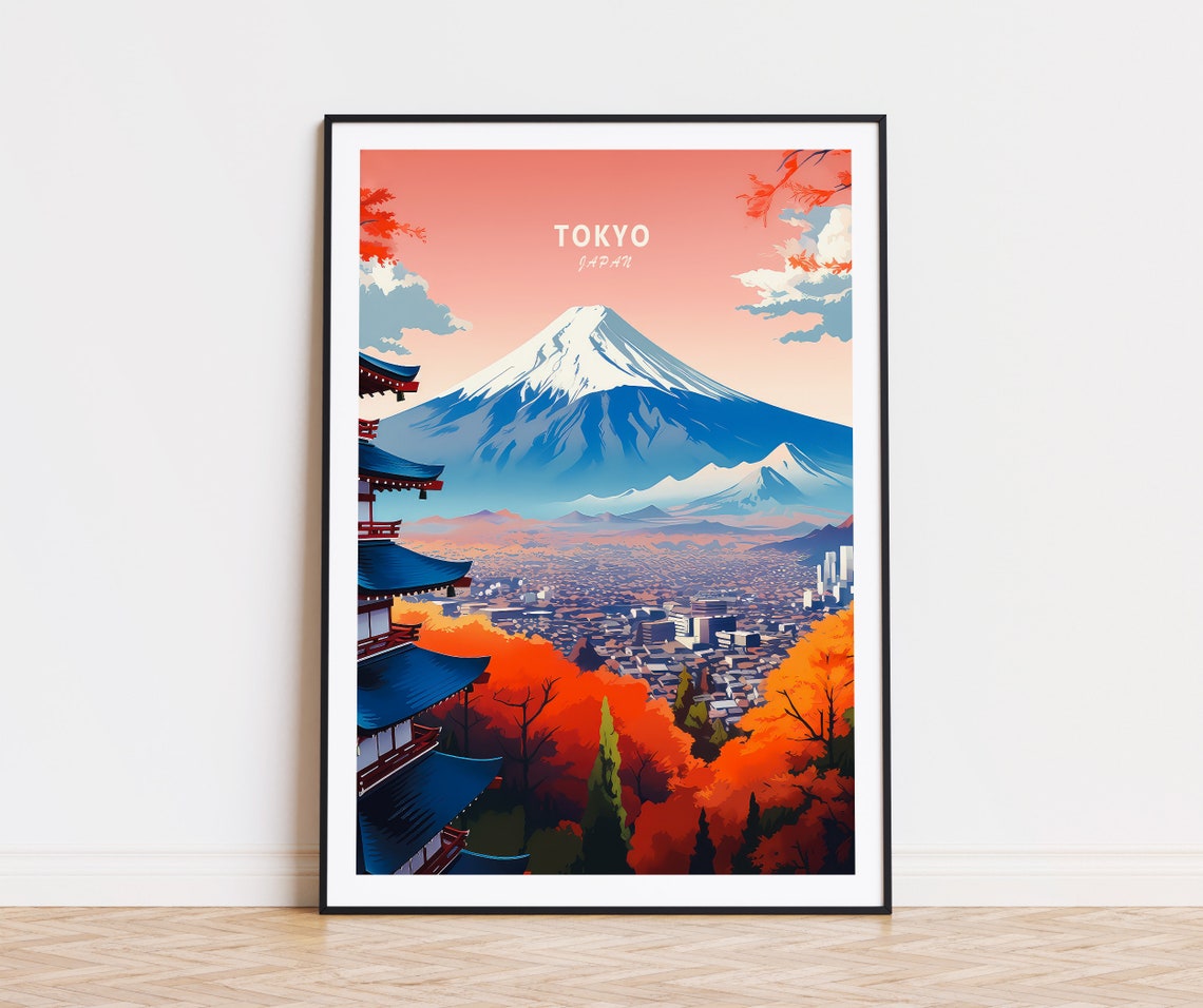 Tokyo Japan Mount Fuji With Pagoda and Autumn Foliage Travel Poster