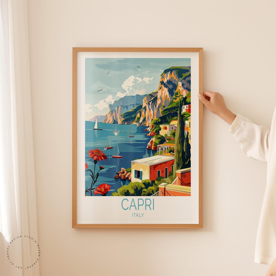 Capri Italy Sailboat Bay Rocky Cliffs Cypress Villa Vintage Poster - Image 5
