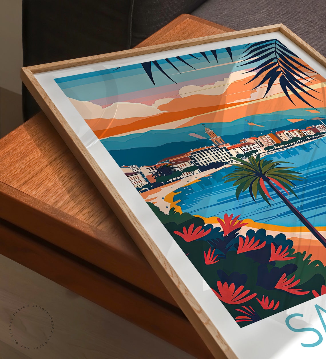 Santander Spain Sunset Bay Palm Trees Sailboats Coastal Poster - Image 3