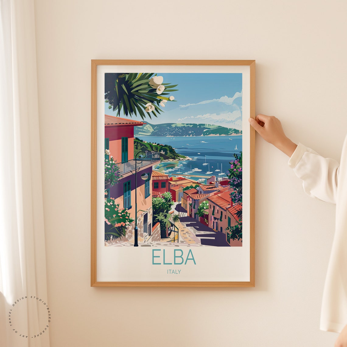 Elba Italy Pastel Coastal Town Harbor Boats Island View Poster - Image 2
