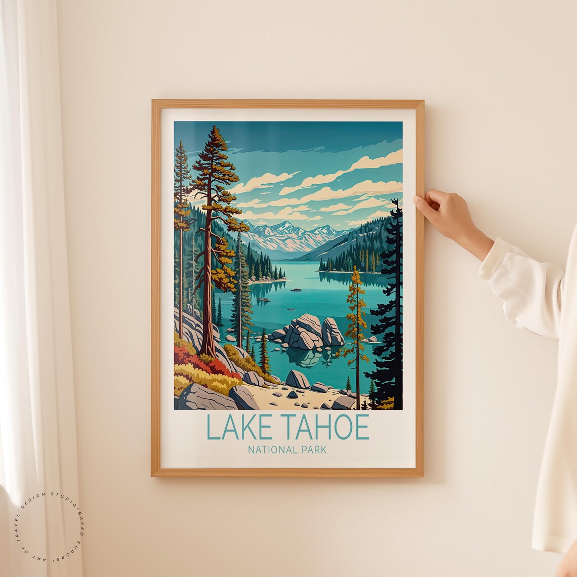 Lake Tahoe Turquoise Lake Boats Pine Shores Caption Below Poster - Image 2