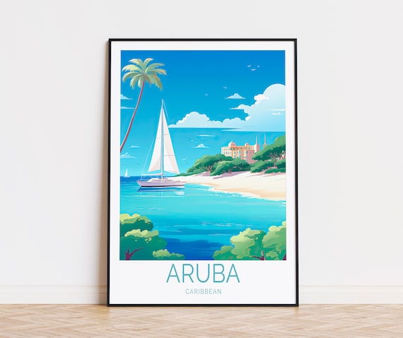 Aruba Caribbean Sailing Day Turquoise Beach Scene Travel Poster