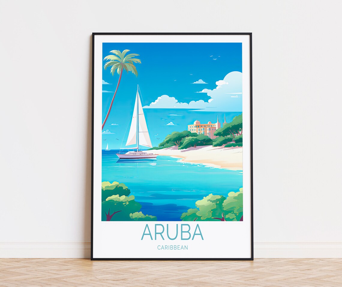 Aruba Caribbean Sailing Day Turquoise Beach Scene Travel Poster
