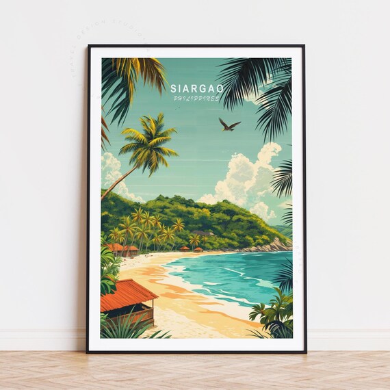 Siargao Philippines Palm Framed Beach Cove Huts Soaring Bird Poster