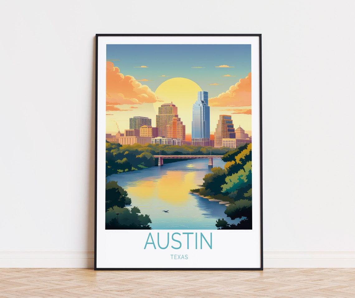 Austin Texas Downtown Sunset Skyline River Bridge View Poster