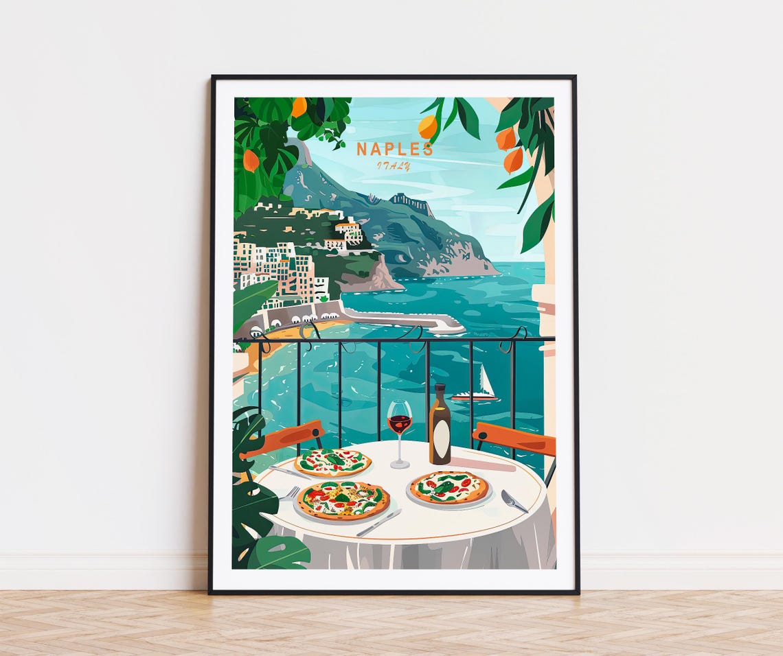 Naples Italy Amalfi Coast Balcony Pizzas Wine Sea View Dinner Poster