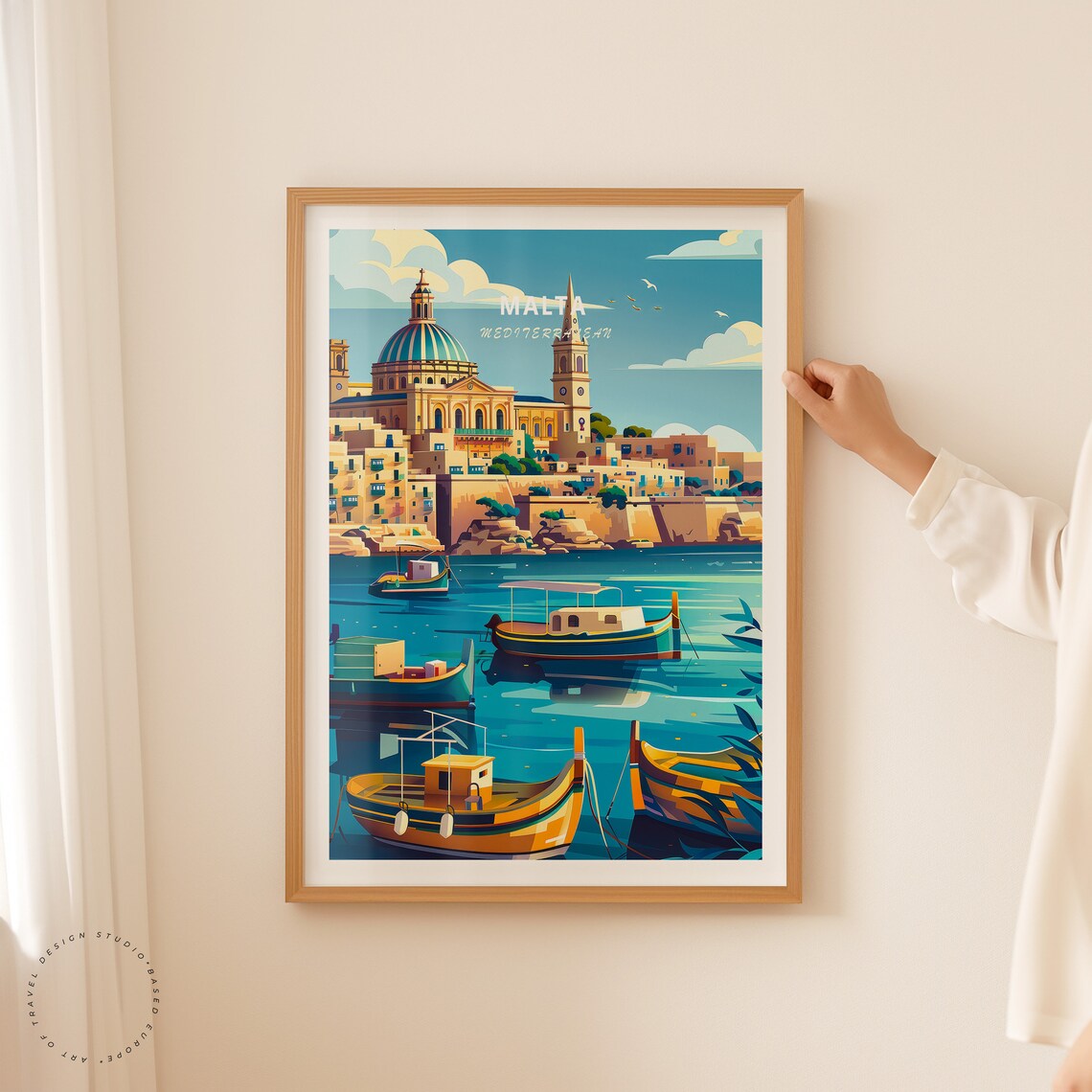 Malta Mediterranean Harbor Colorful Boats Cathedral Dome Coast Poster - Image 2