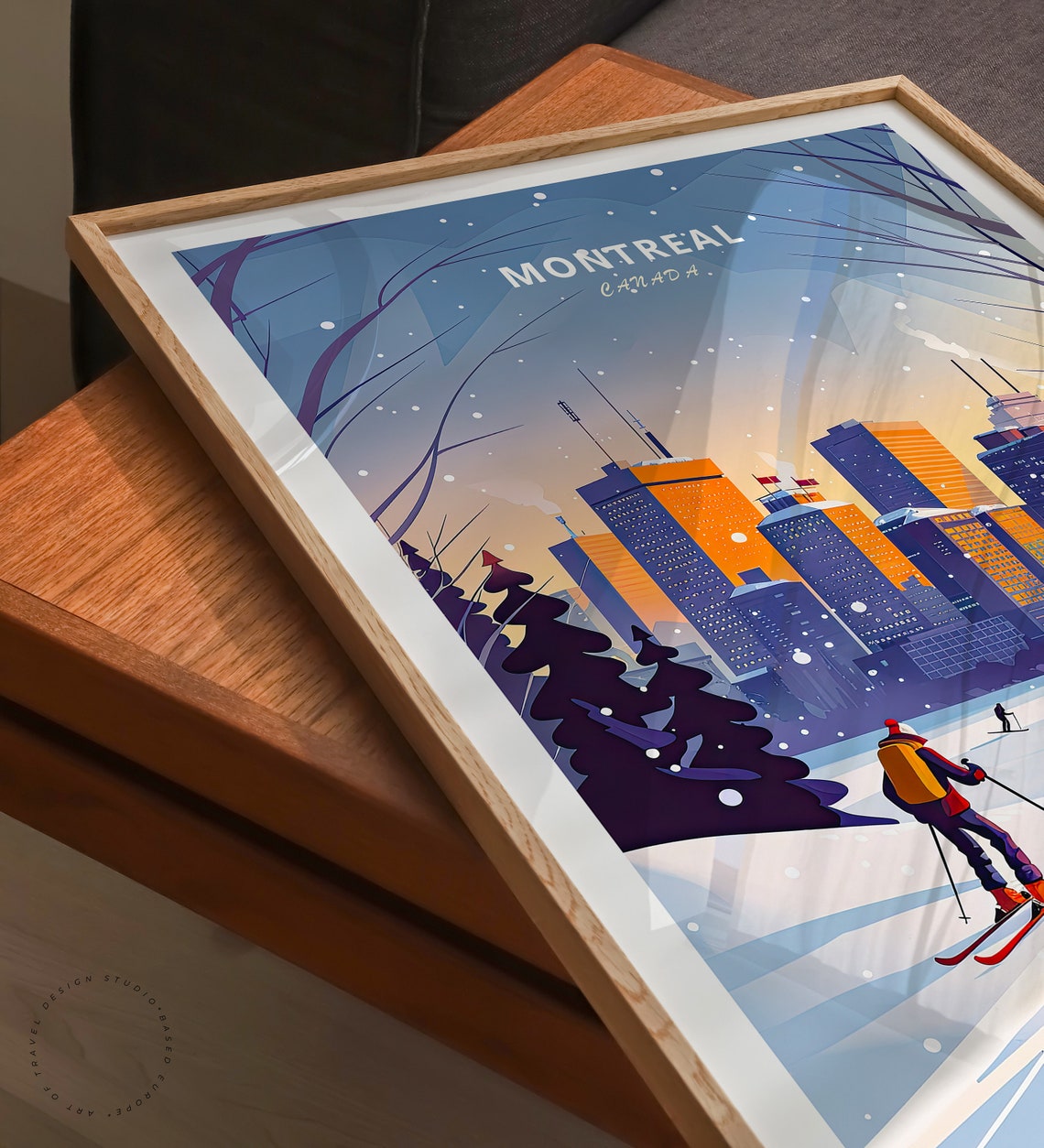 Montreal Canada Winter Skiers City Skyline Snowy Dusk Travel Poster - Image 3