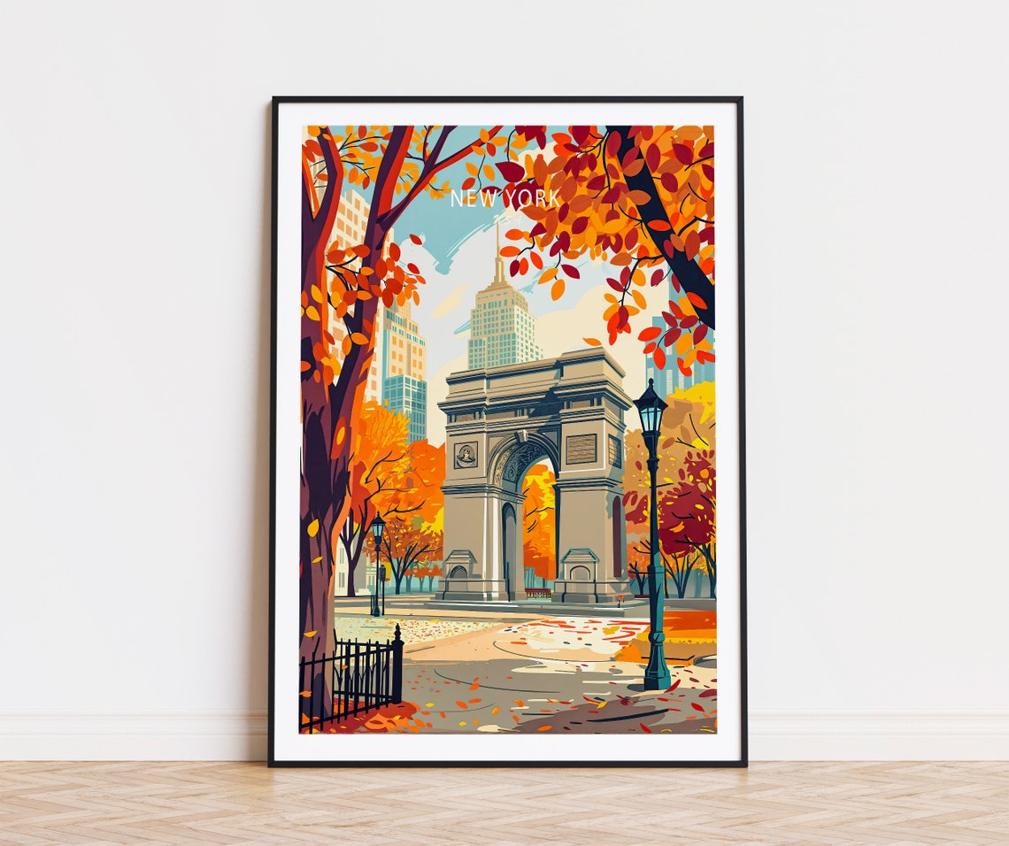 New York Autumn Washington Square Arch Scarlet Leaves Poster