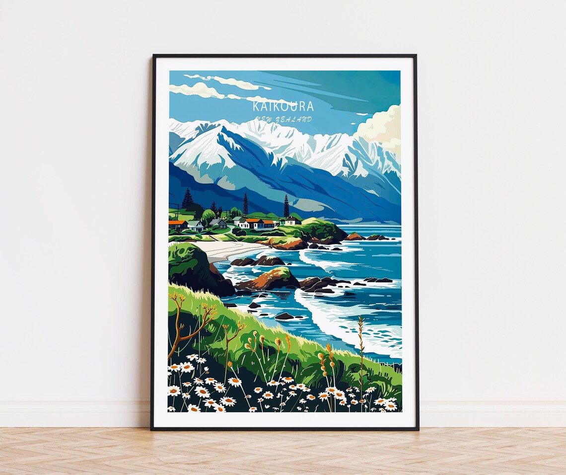 Kaikoura New Zealand Rocky Shore Daisies Coastal Scene Poster