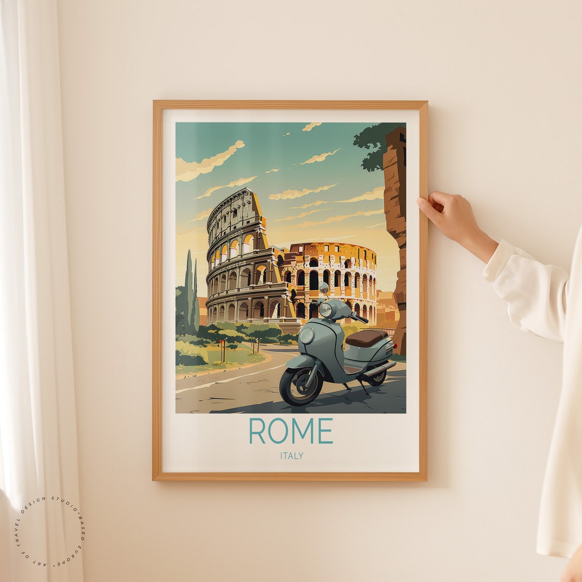 Rome Italy Colosseum with a Classic Blue Vespa Scooter in Front Poster - Image 2