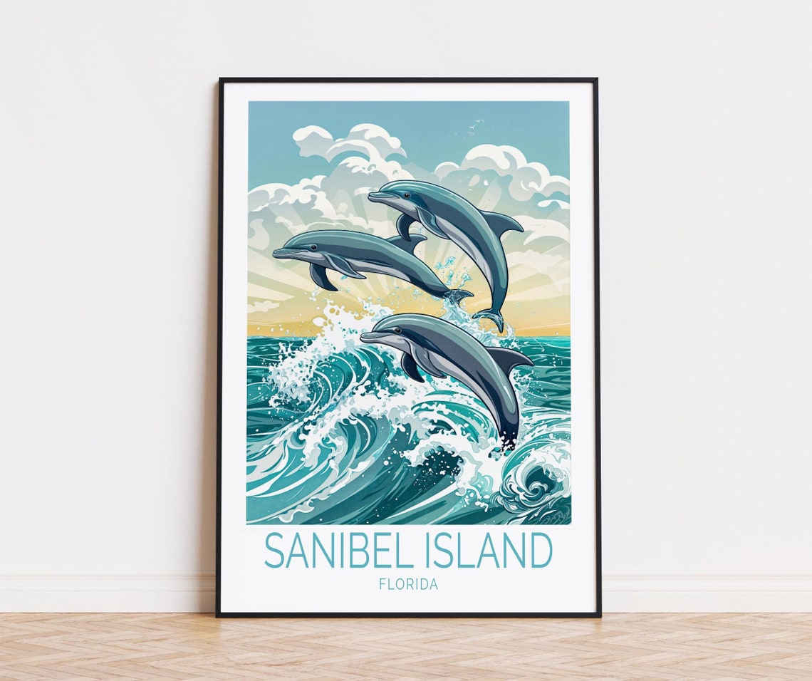 Sanibel Island Florida Dolphins Ocean Waves Illustration Travel Poster