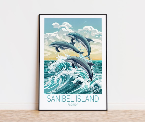 Sanibel Island Travel Poster Florida Wall Art Sanibel Island Dolphin Print Birthday Gifts Home Decor Personalised Travel Poster