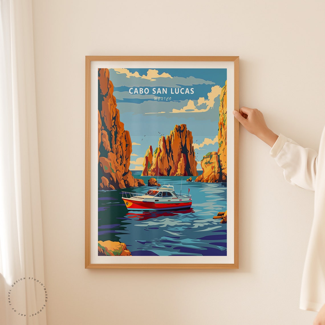 Cabo San Lucas Mexico Motorboat Rocky Cliffs Pacific Ocean Poster - Image 2