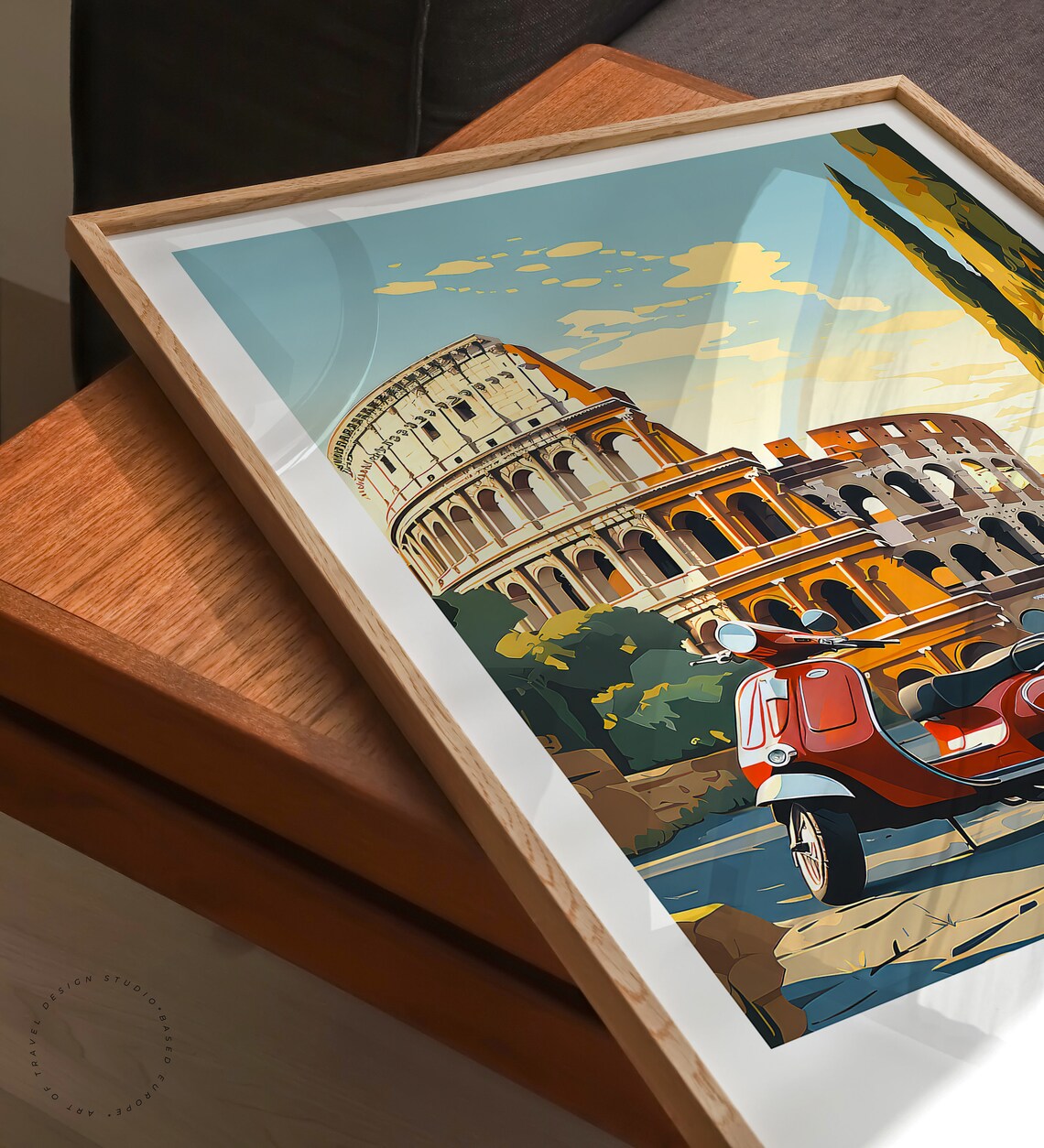 Rome Italy Colosseum Red Vespa Scooter Golden Sunset Street Poster - Image 3