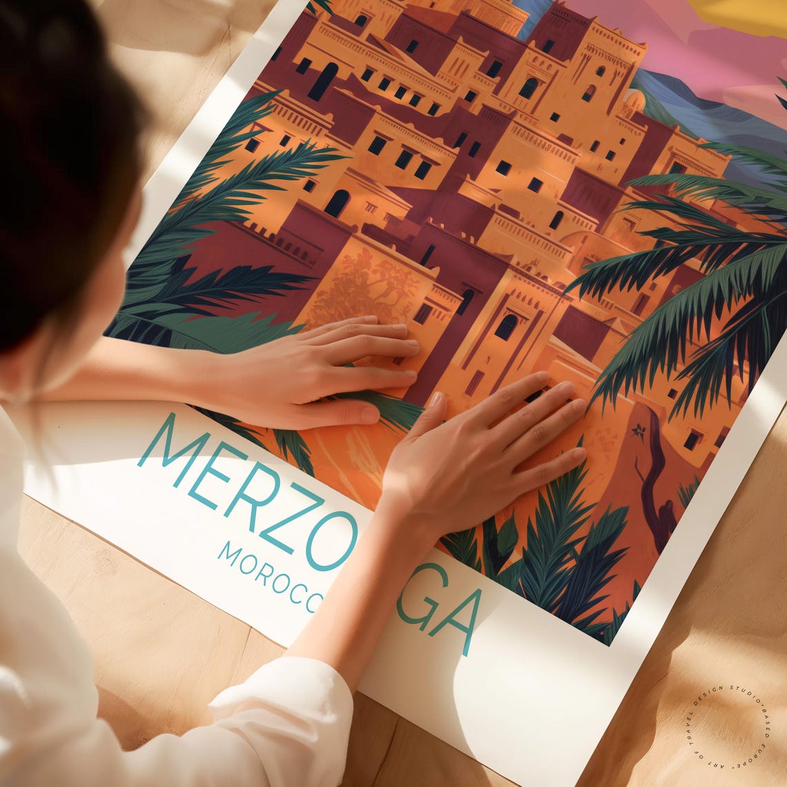 Merzouga Morocco Adobe Kasbah Palm Trees Desert Sunset Travel Poster - Image 3