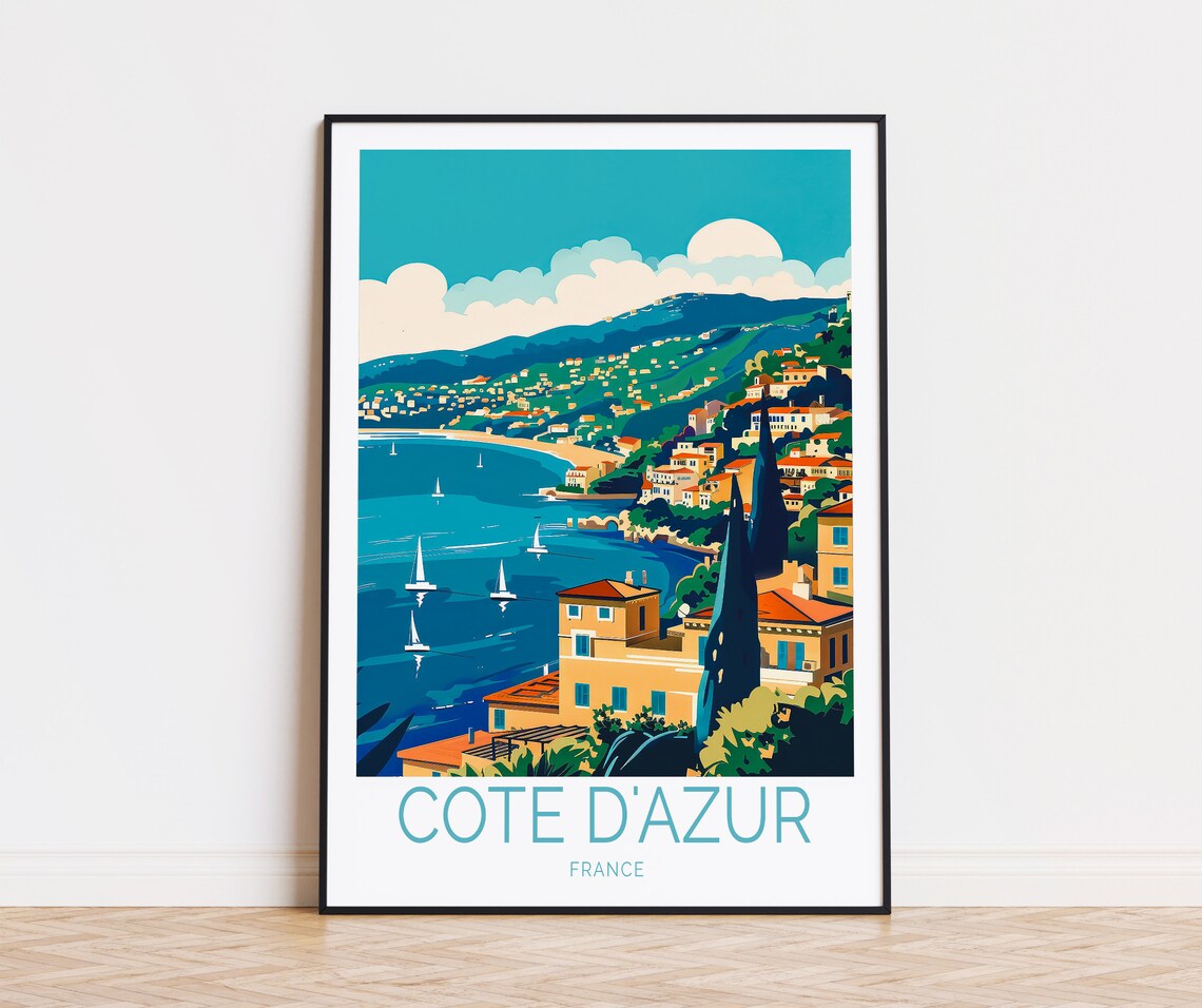 French Riviera Sailboat Coast Azure Blue Vintage Travel Poster