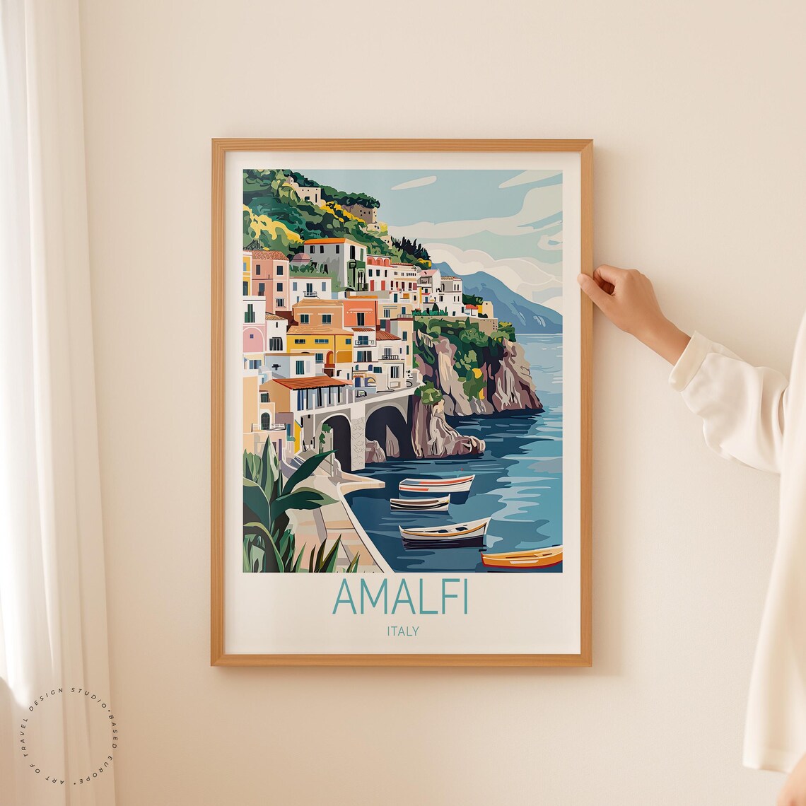 Amalfi Italy Cliffside Village Arched Stone Bridge Boats Poster - Image 2