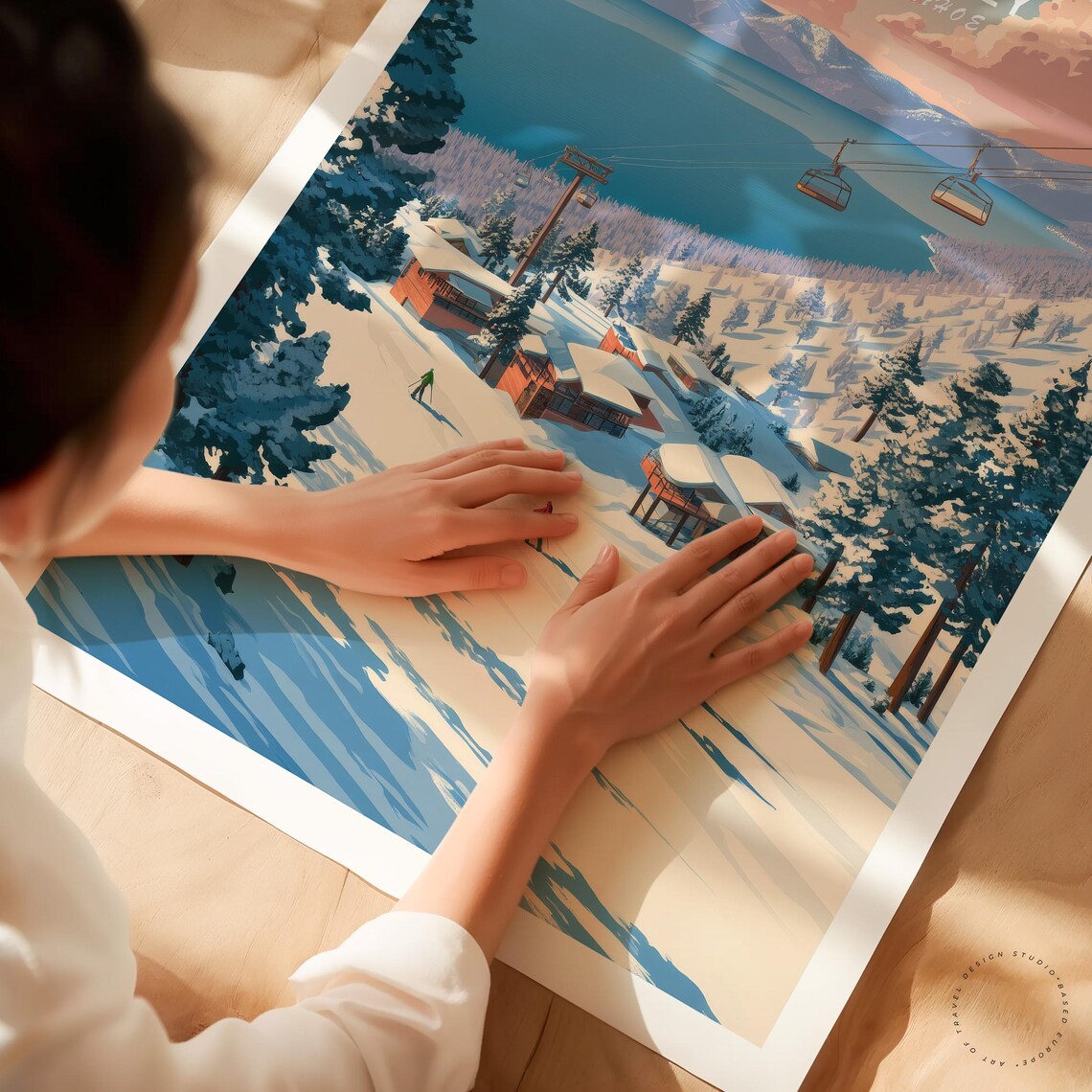 Heavenly South Tahoe Snowy Ski Village Lake View Vintage Art Poster - Image 3