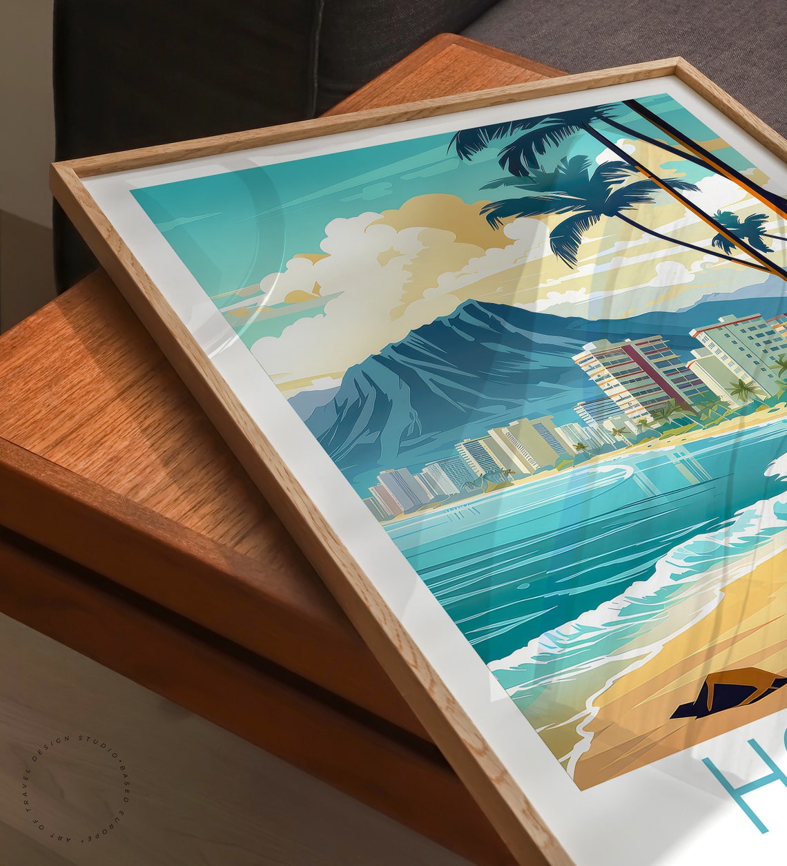 Honolulu Hawaii Waikiki Beach Diamond Head Palm Travel Poster - Image 3