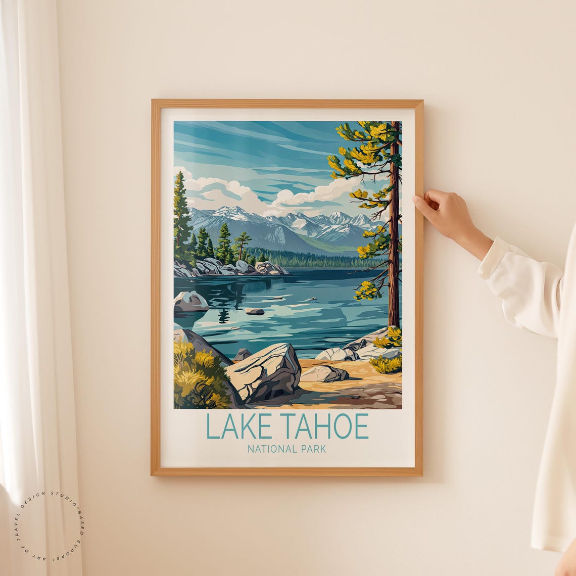 Lake Tahoe Rocky Shoreline Deep Blue Water Caption Below Poster - Image 2
