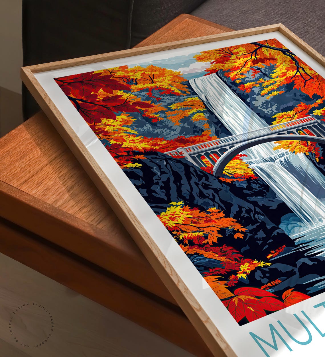 Multnomah Falls Portland Autumn Foliage Waterfall View Poster - Image 3