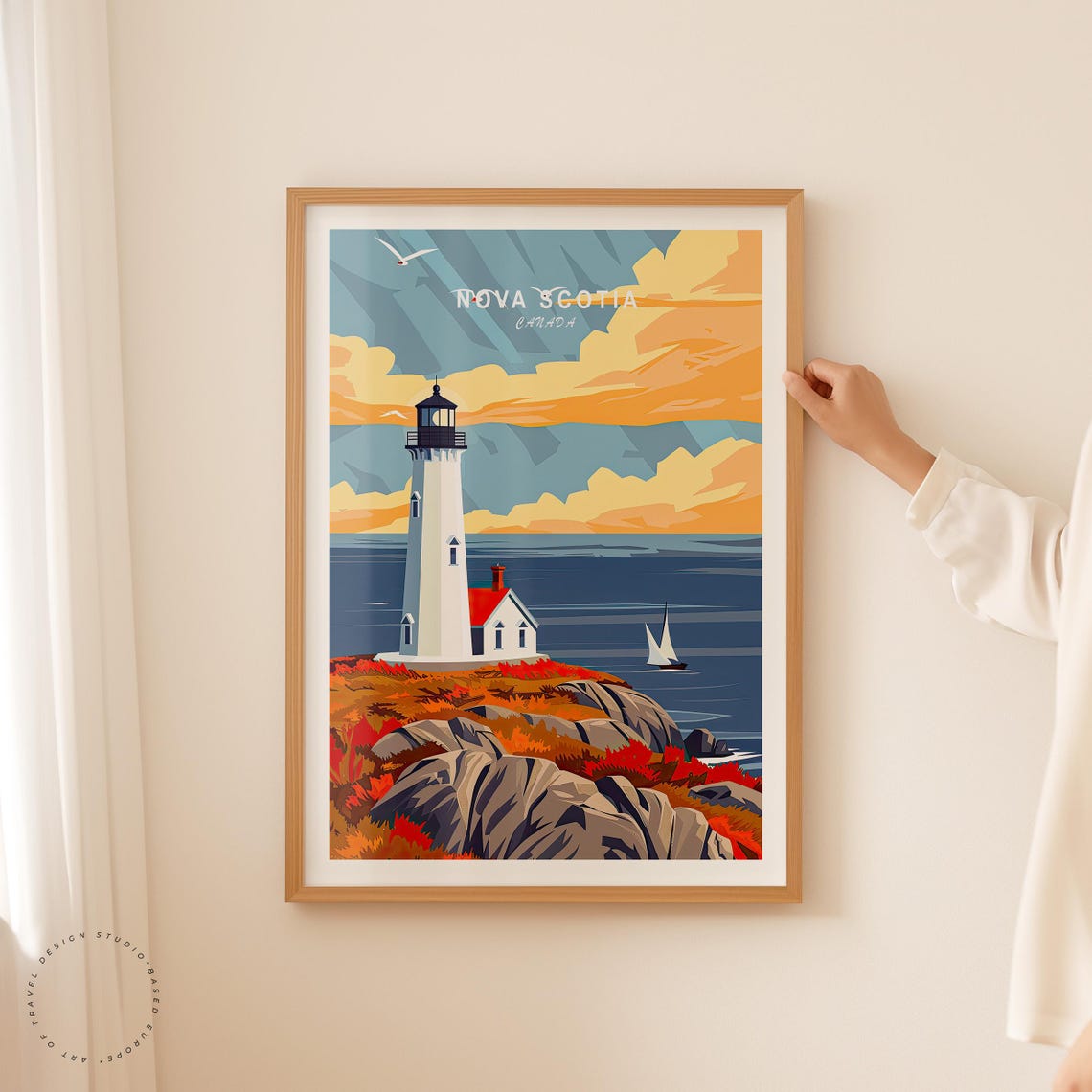 Nova Scotia Canada Lighthouse Golden Sunset Rocky Shore Poster - Image 2