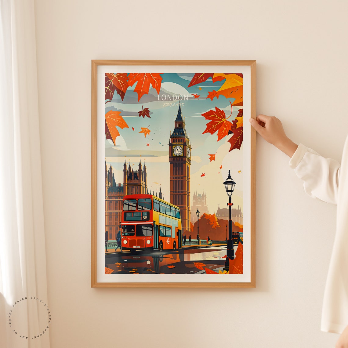 London Big Ben Red Double Decker Bus Autumn Leaves Travel Poster - Image 2