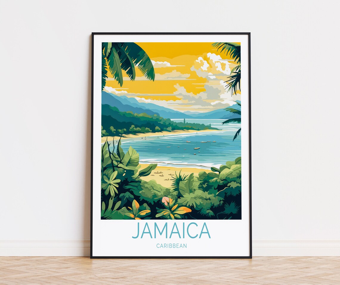 Jamaica Caribbean Golden Sunset Bay Beach Palm Travel Poster