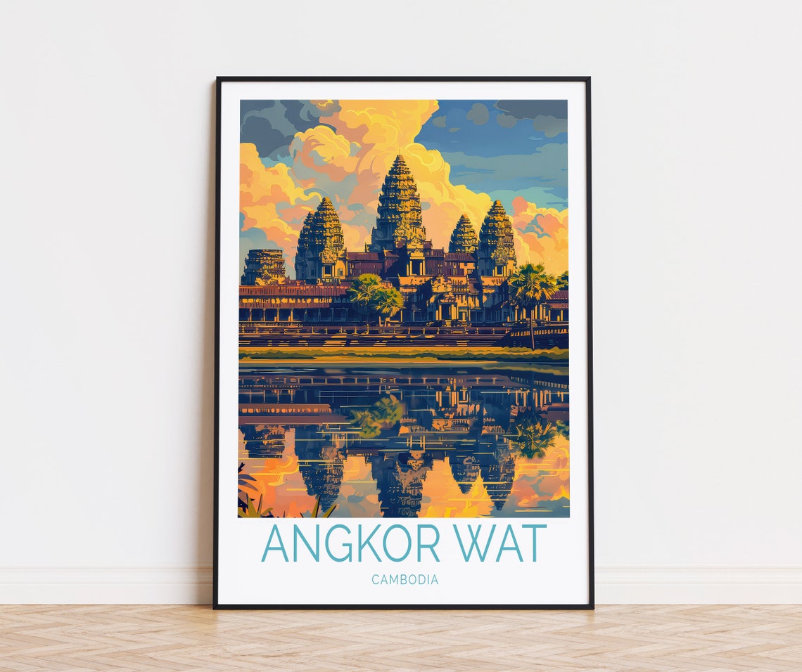 Angkor Wat Cambodia Golden Sunset Temple Reflection Travel Poster