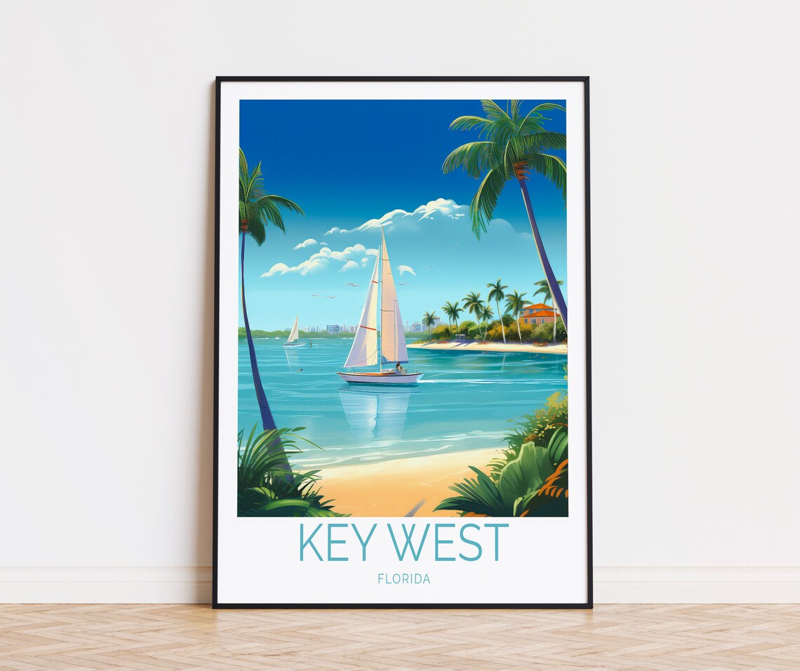 Key West Florida Sailboats Calm Bay Beach Vintage Travel Poster