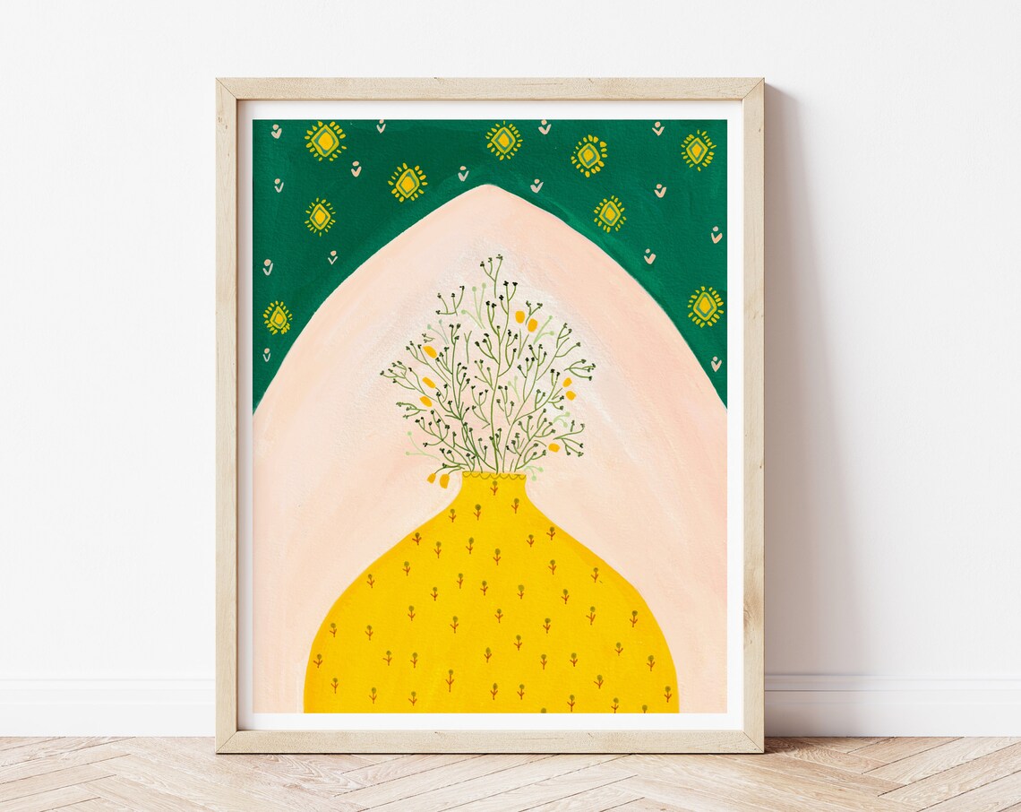 Yellow Vintage Vase Botanical Bedroom Art Print