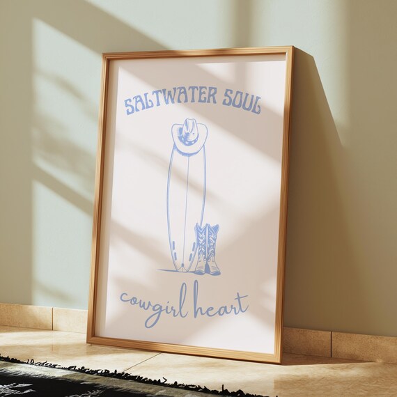 Saltwater Soul Cowgirl Heart Surfboard Cowboy Hat Boots Blue Coastal Poster