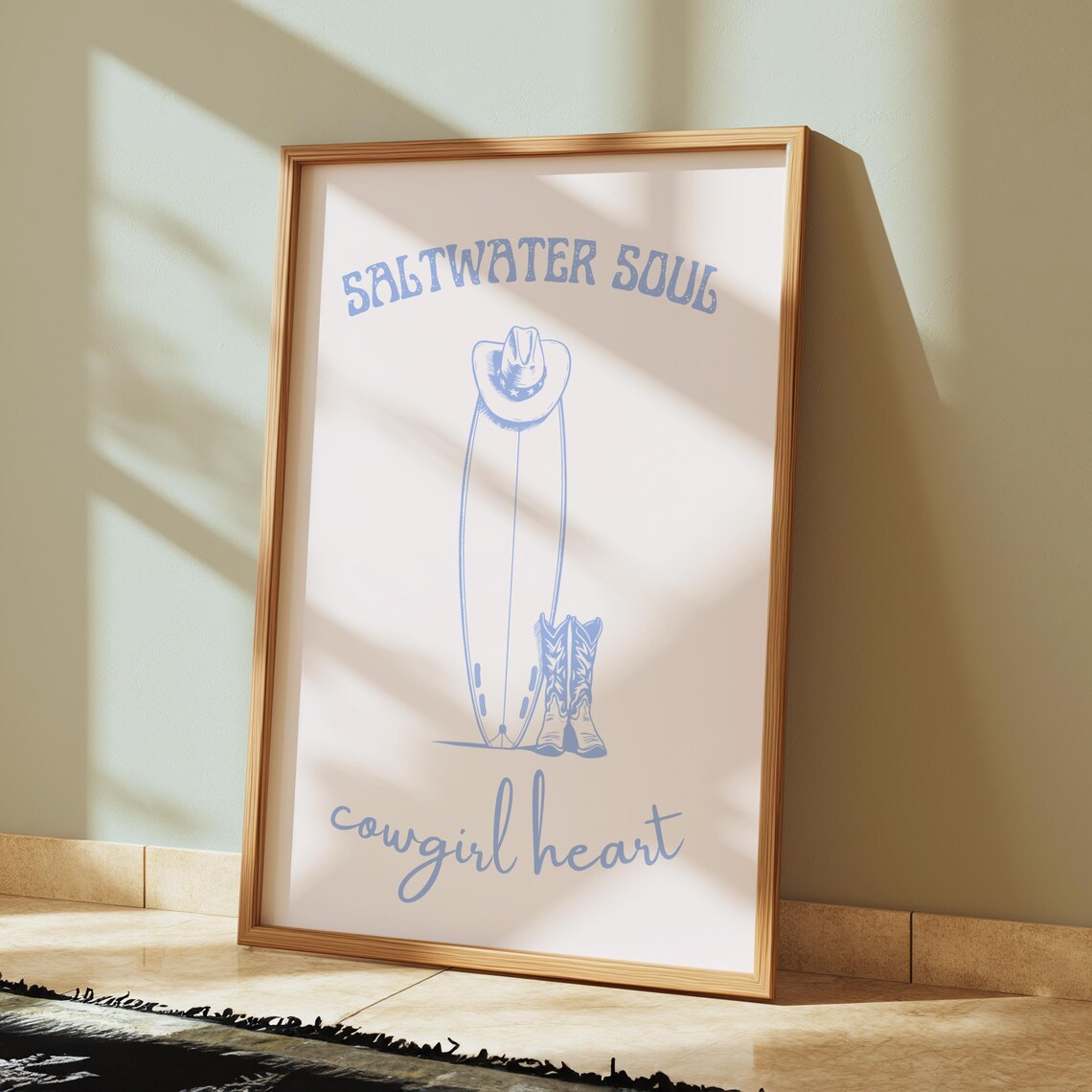 Saltwater Soul Cowgirl Heart Surfboard Cowboy Hat Boots Blue Coastal Poster