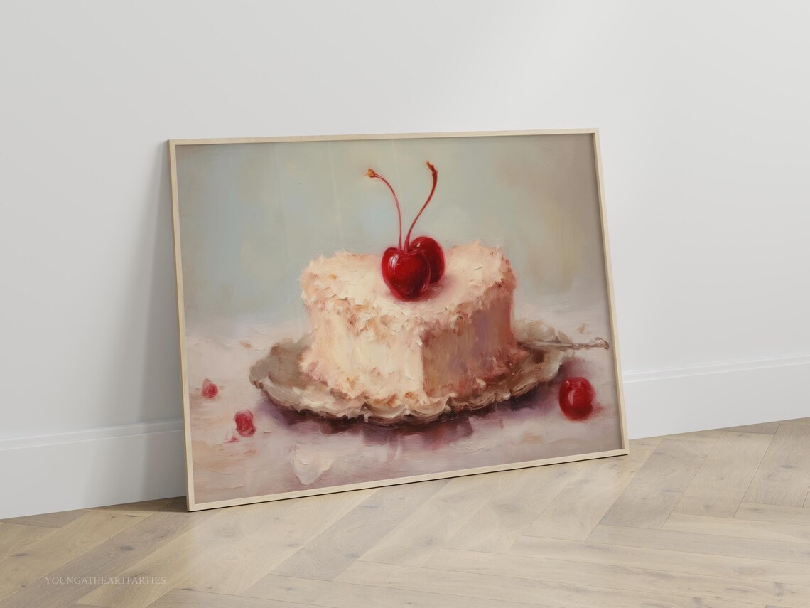 Cherry Heart Cake Oil Painting Art Print Bakery Wall Art Coquette Cake Art Print Vintage Coquette Cake Food Illustration Painting - Image 5