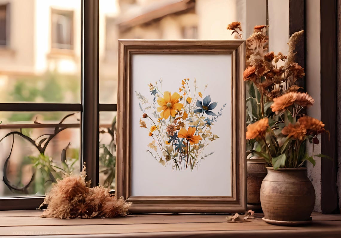 Blue Watercolor Fall Wildflower Botanical Autumn Boho Home Print - Image 6