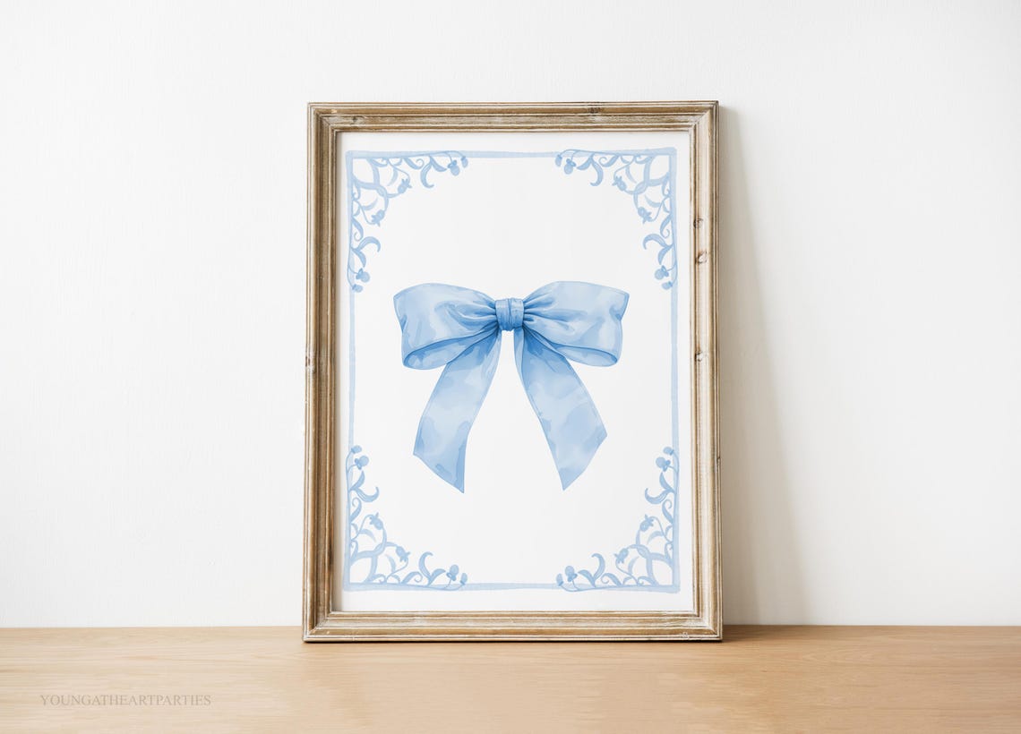 Preppy Blue Bow Watercolor Coquette Hand Drawn Nursery Wall Art - Image 6