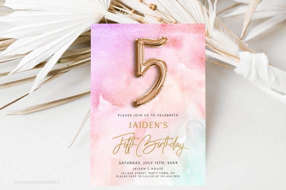 Rainbow Pastel 5th Birthday Invitation Template Rainbow Sky Watercolor Fifth Birthday Invite Gold Foil Girls Fifth Birthday Invitation