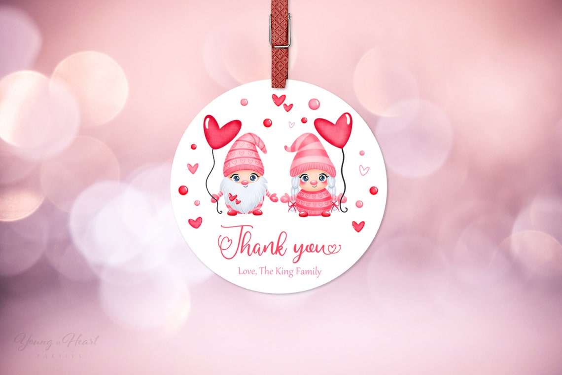 Cute Valentine Gnome Thank You Round Gift Tag Pink Hearts Print