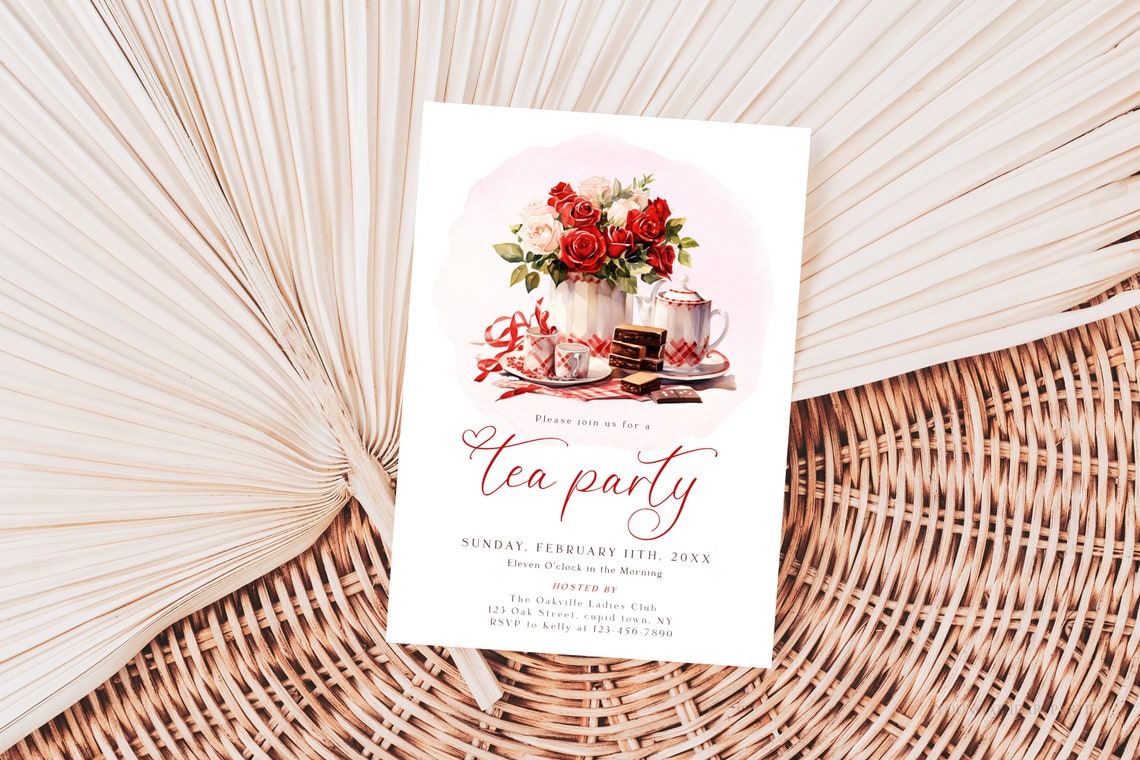 Valentine's Tea Party Watercolor Tea Set Roses Invitation Print - Image 3