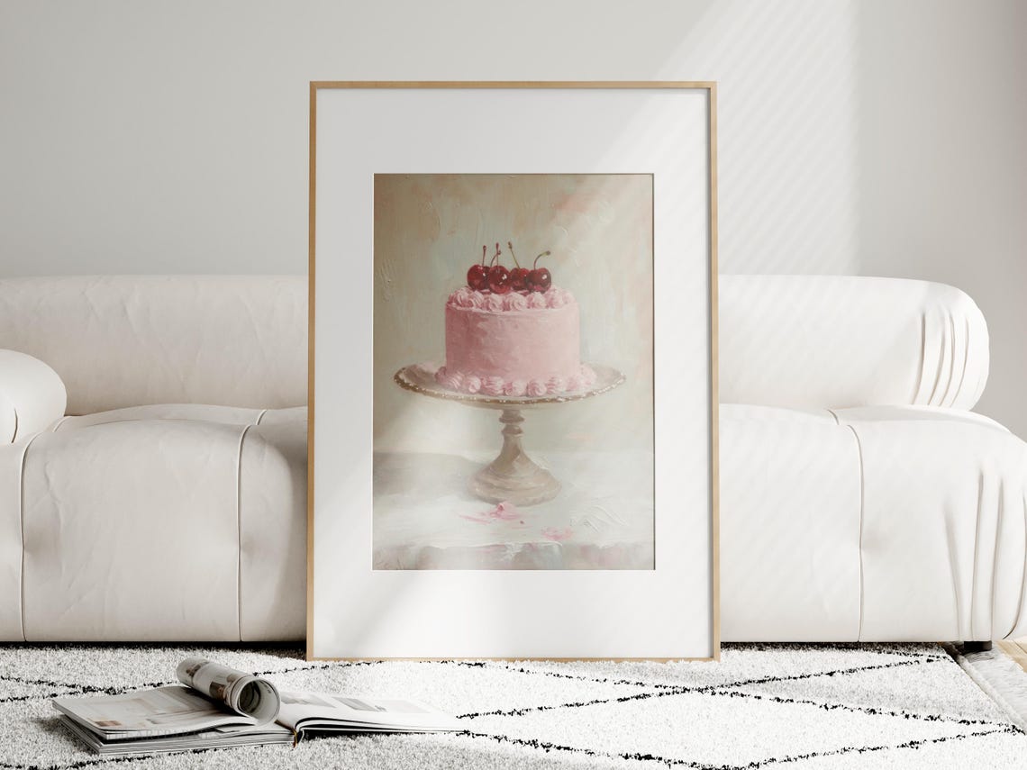 Cherry Cake Oil Painting Art Print Coquette Cake Art Print Trendy Cute Pink Wall Art Vintage Coquette Cake Food Illustration Painting - Image 3