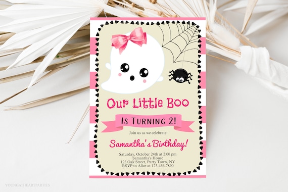 Our Little Boo Halloween Birthday Invitation Cute Pink Ghost Poster