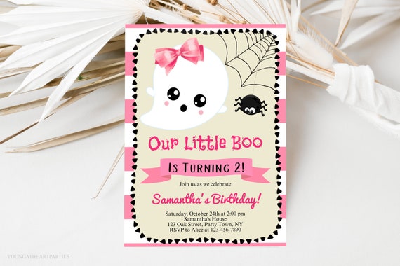 Our Little Boo Is Turning Two Birthday Invitation Template Editable Pink Girls Halloween 2nd Birthday Invite Cute Girly Ghost Party